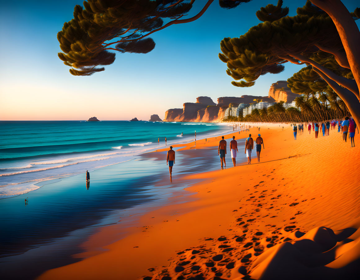 Sunny beach scene with people strolling, golden sand, cliffs, and overhanging trees