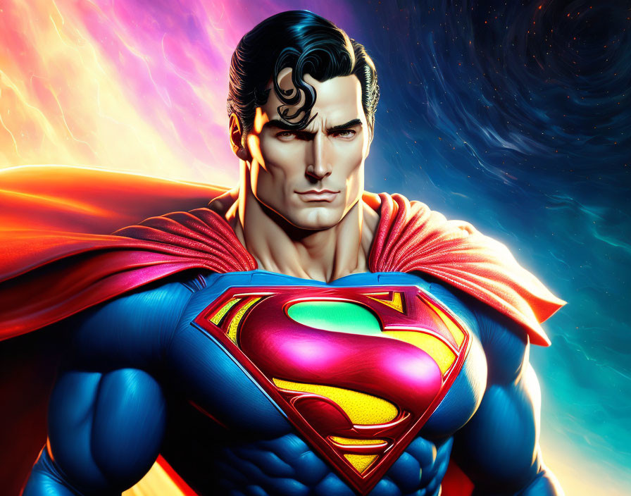 Superman illustration in red cape and blue suit against cosmic backdrop