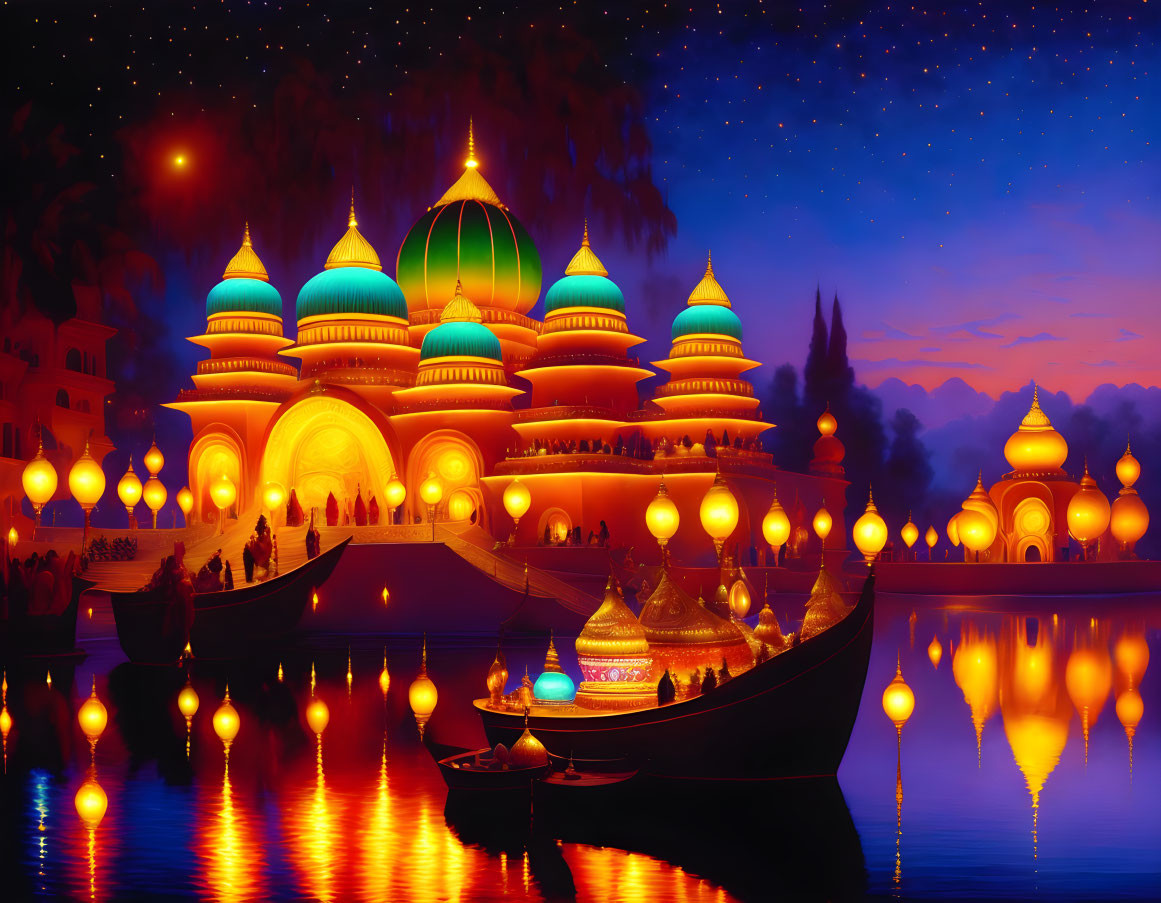 Night scene of colorful domed buildings reflecting on water with people and boat under starry sky