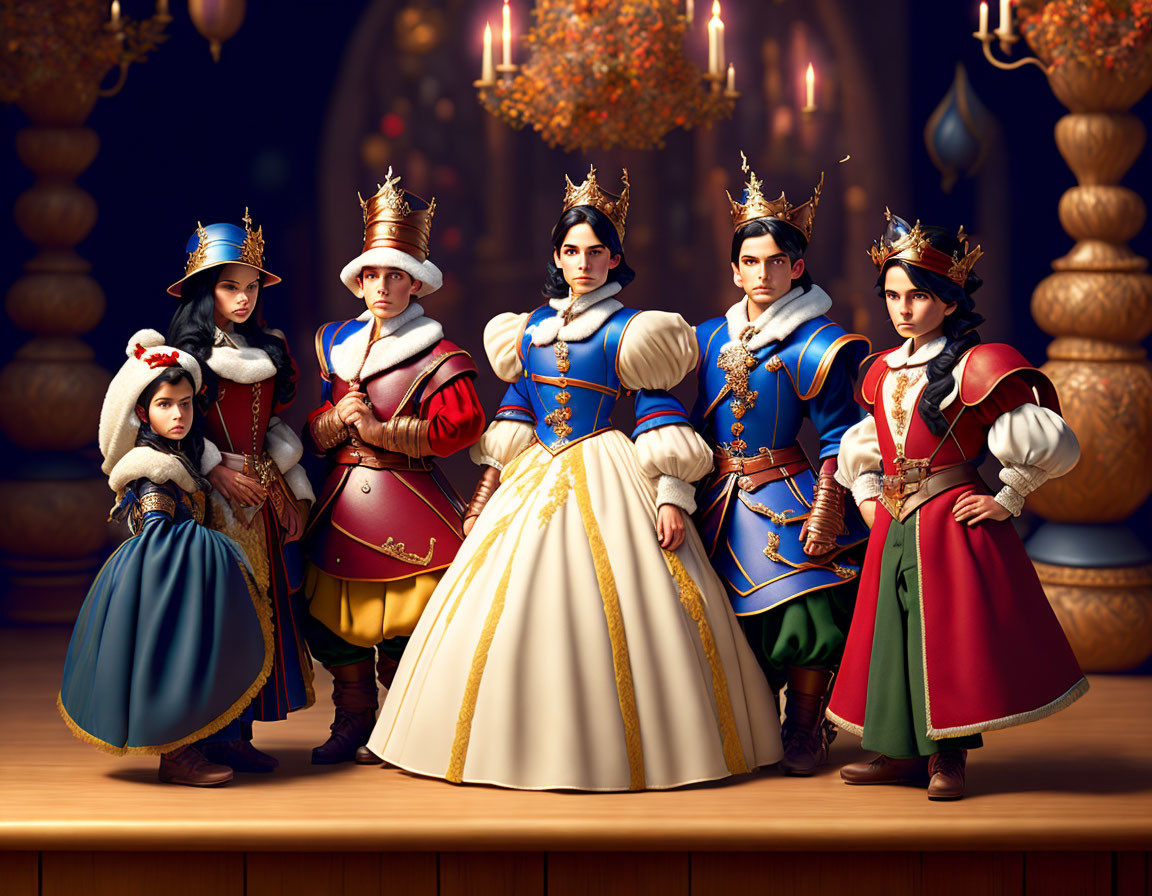 Animated royal family in Renaissance attire with ornate crowns on regal background