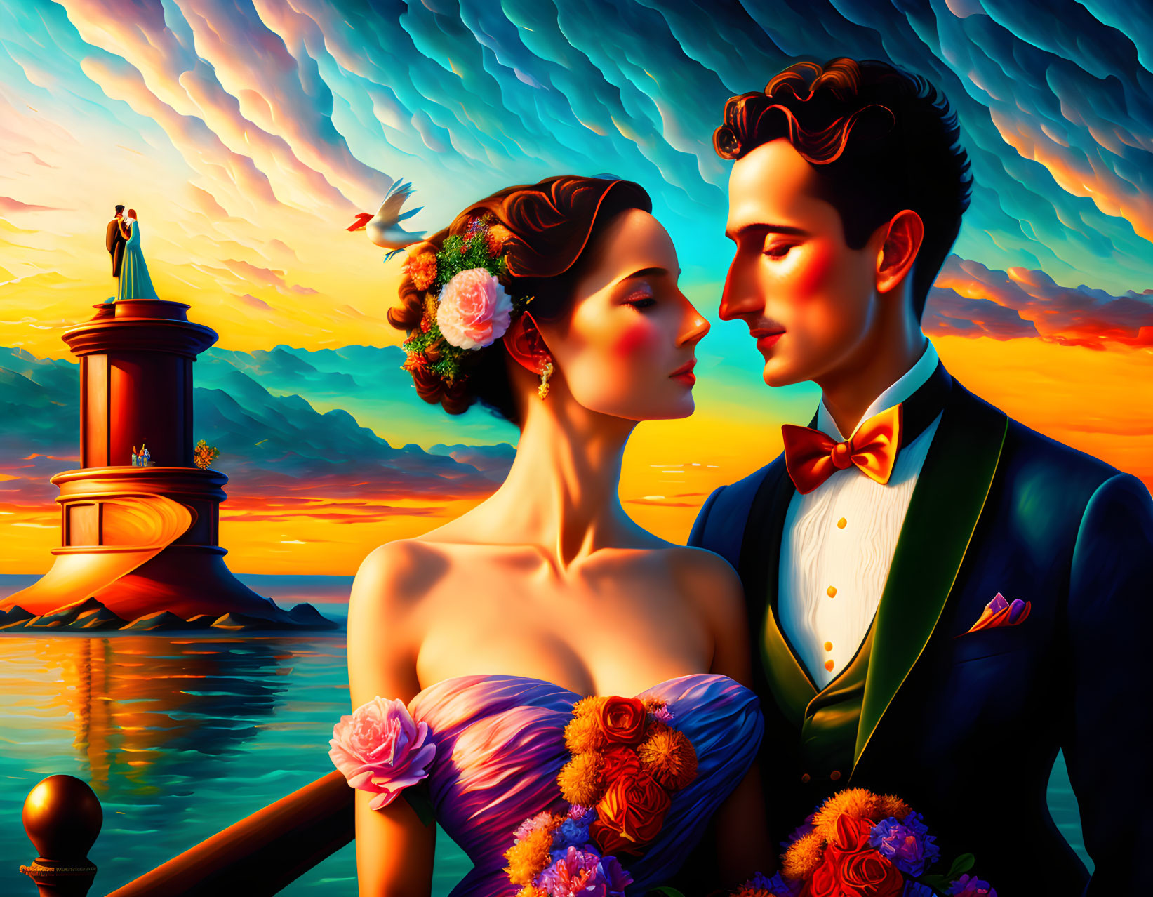 Romantic couple in formal attire with sunset and lighthouse scenery