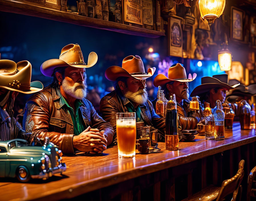 Cowboy-hat-wearing men enjoy beers in vintage bar setting.