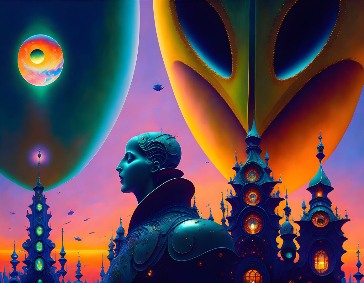 Surreal landscape with robotic figure, alien towers, spacecraft, and large moon