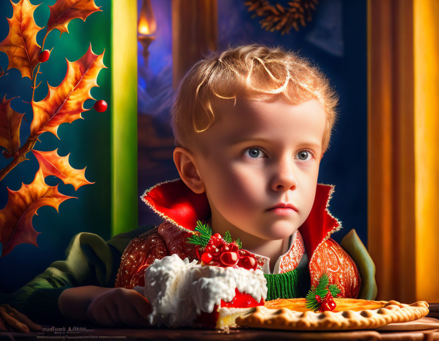 Child surrounded by autumn leaves, cake, and pine cones in warm setting