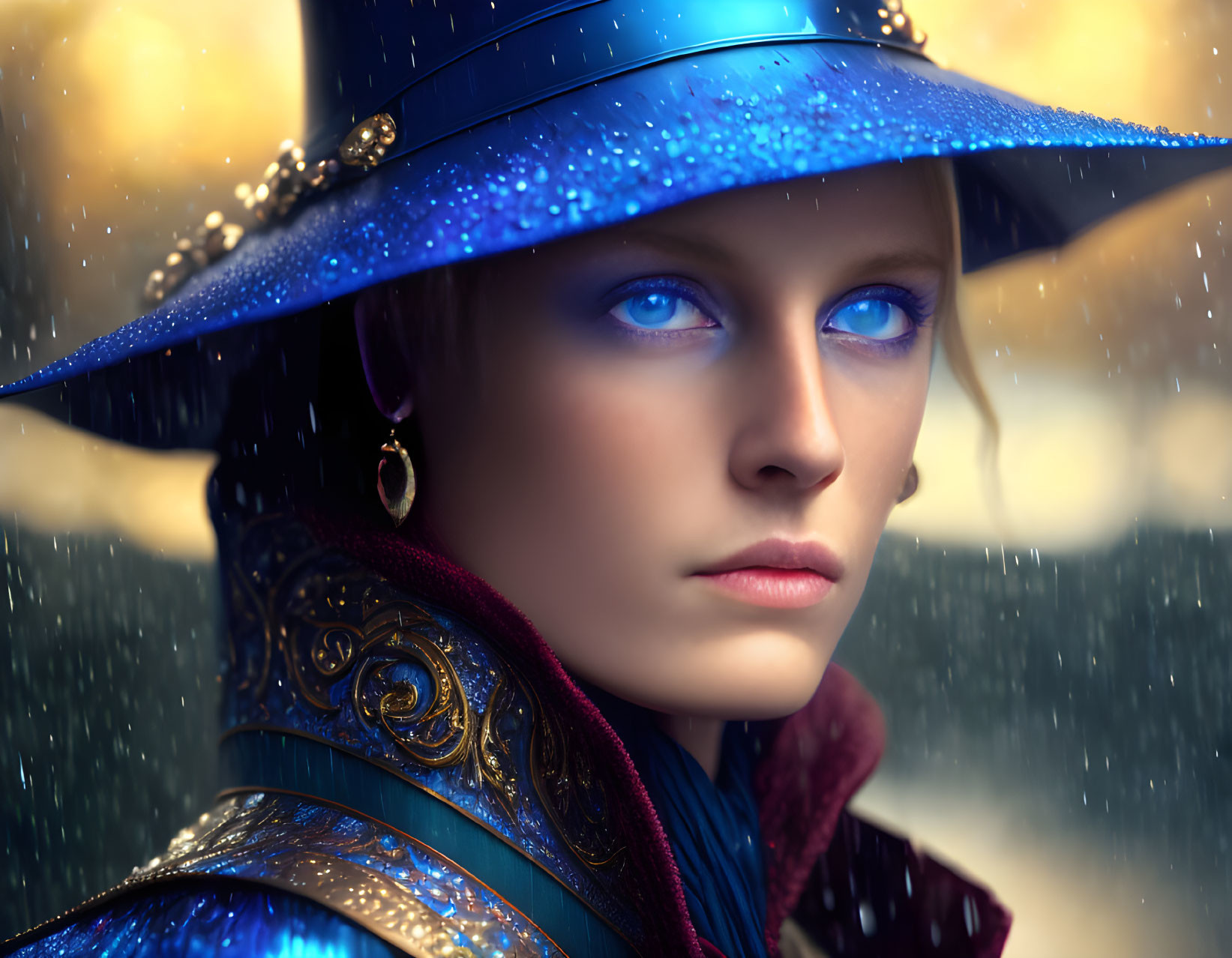 Person with piercing blue eyes in embellished blue hat against shimmering raindrops