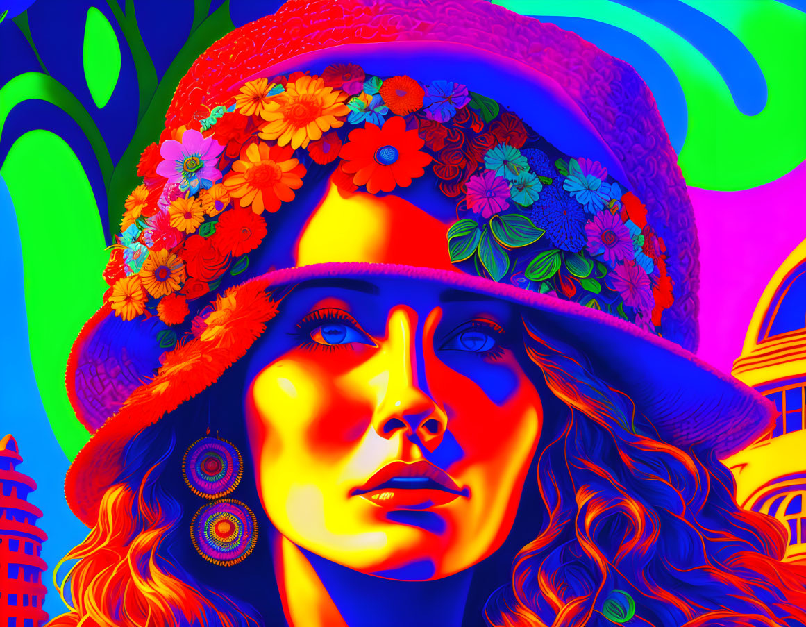 Colorful Psychedelic Digital Artwork of Woman in Floral Hat