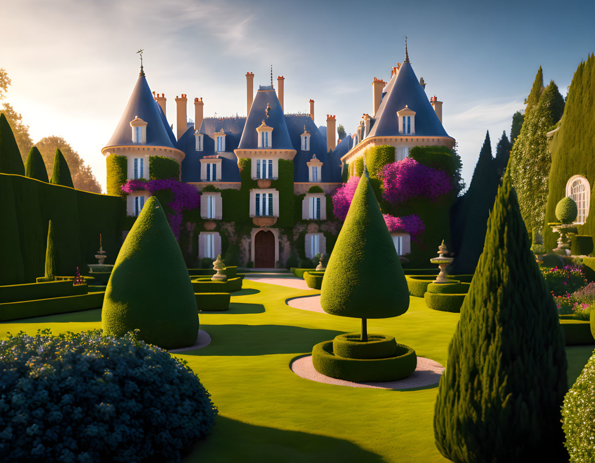 Majestic chateau with pointed turrets in lush gardens