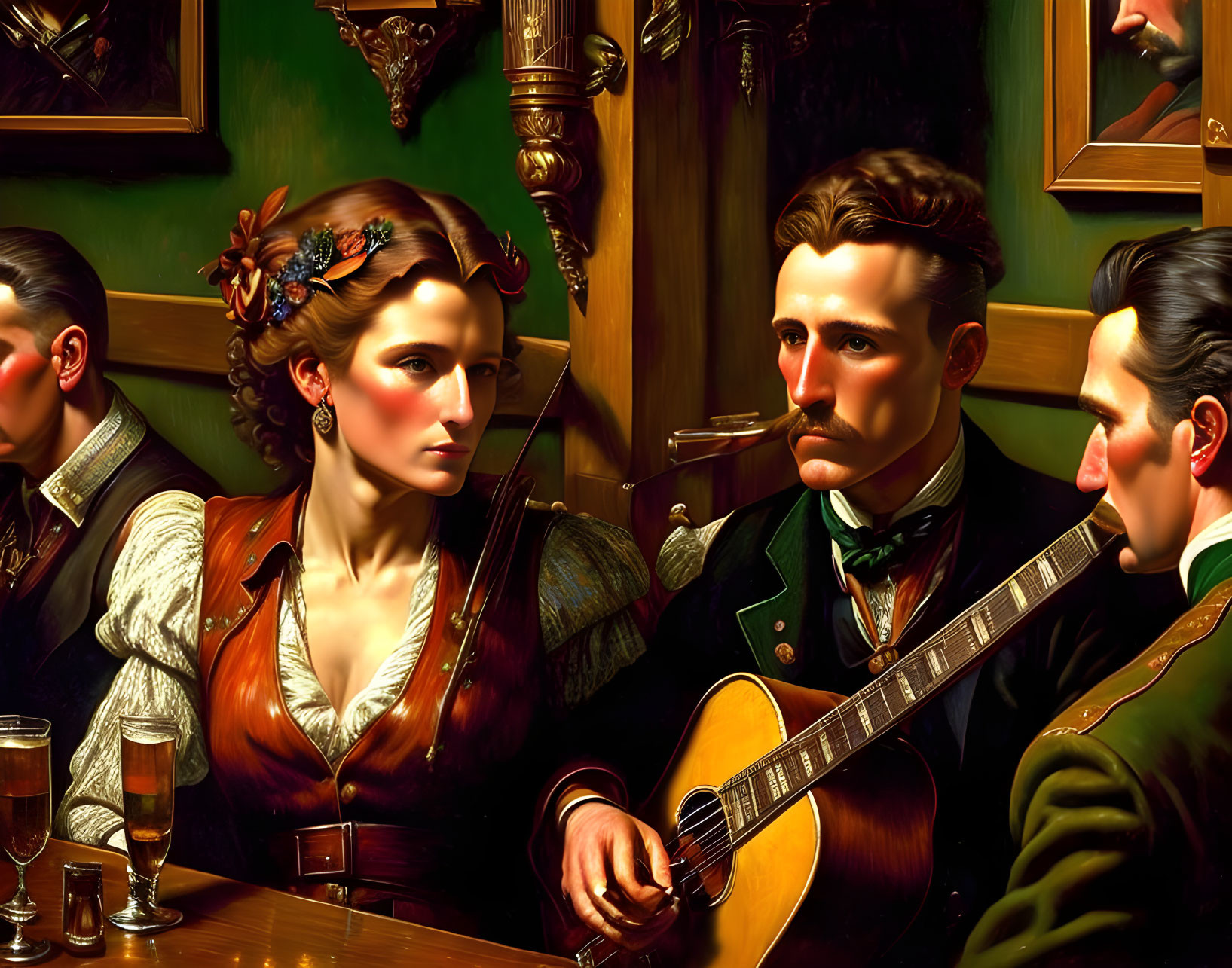 Artwork featuring woman playing violin, man with guitar in 19th-century attire