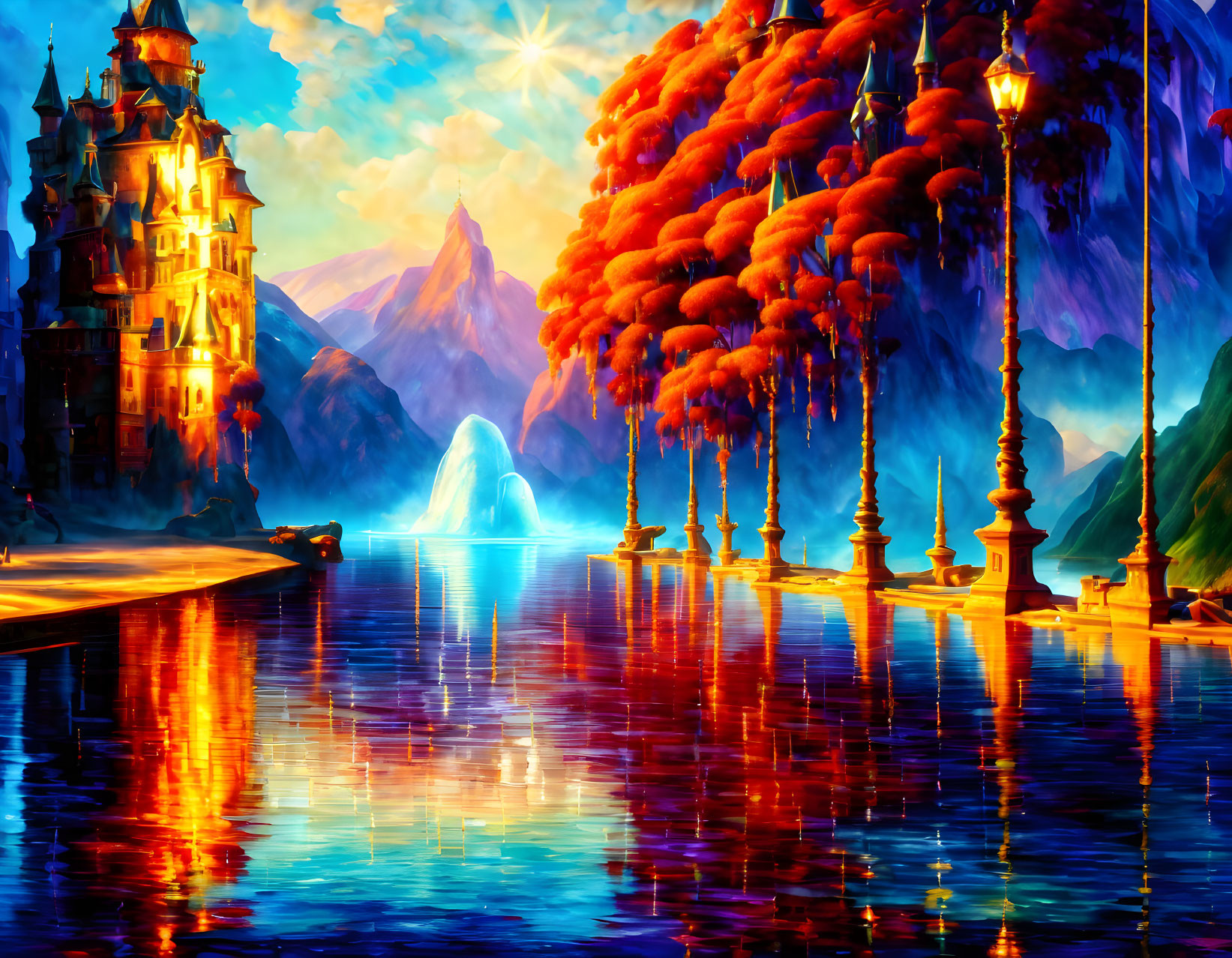 Fantasy landscape with waterfall, building, and street lamps at sunset