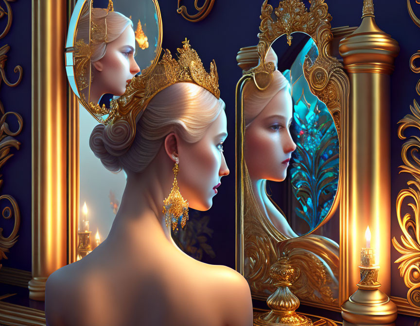 Regal woman with golden crown and mirror reflection in ornate setting