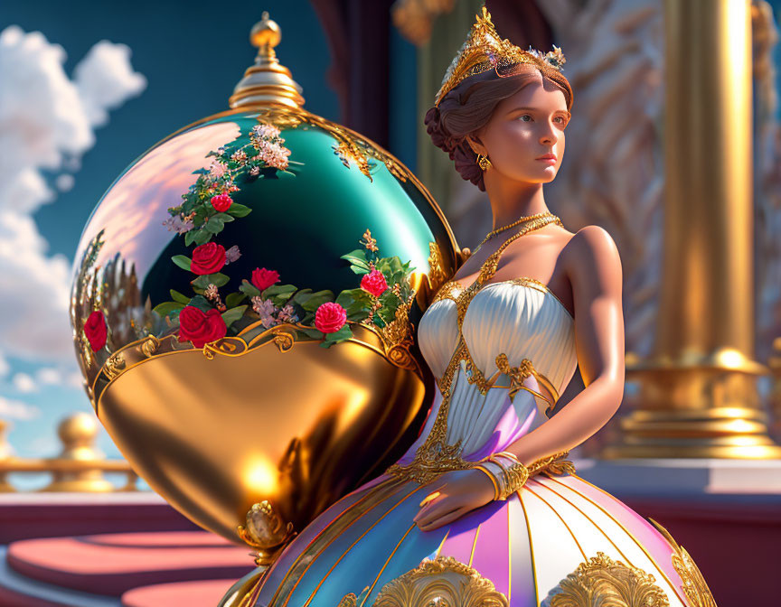 Regal woman in historic gown with golden perfume bottle in 3D-rendered image