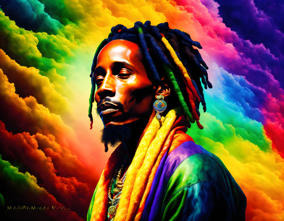 Colorful digital art portrait of a man with dreadlocks on vibrant rainbow background