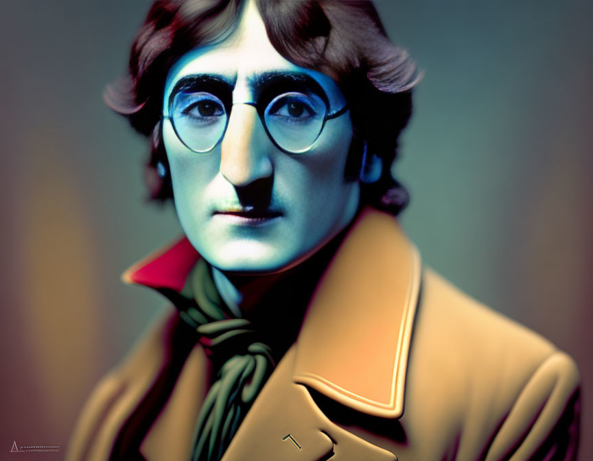 Male Figure Portrait with Round Glasses, Red Scarf, and Tan Coat