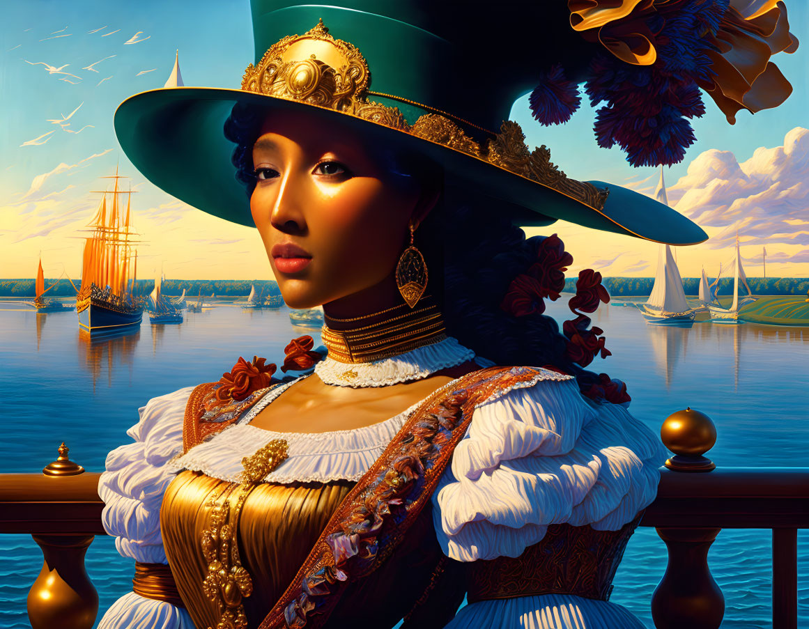 Vintage-dressed woman by railing with ships in background