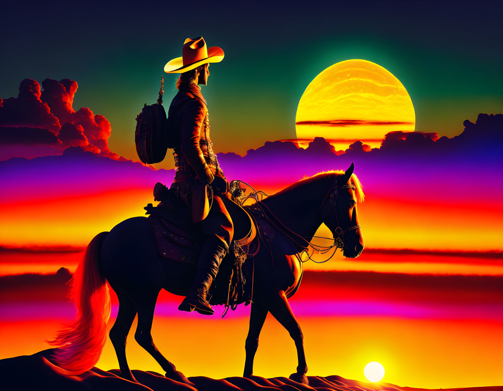 Cowboy on Horseback Silhouetted Against Vibrant Sunset