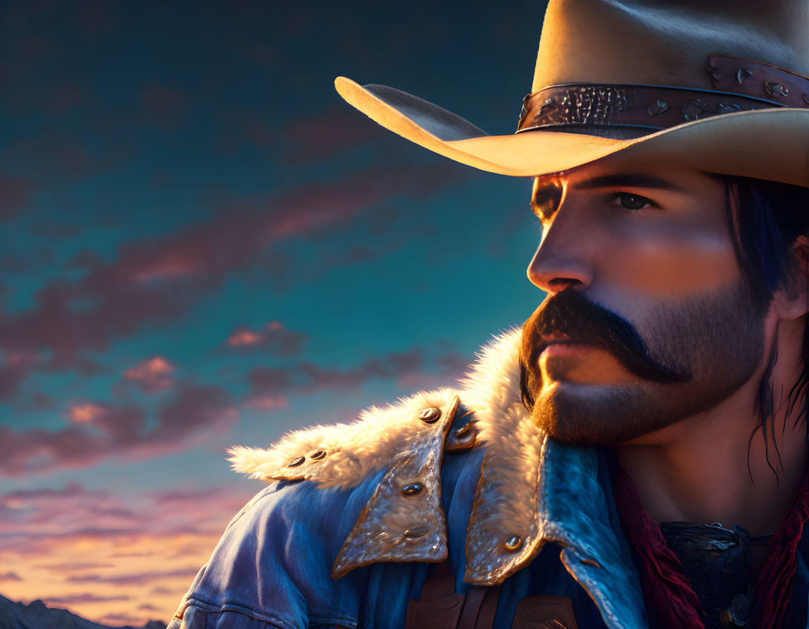 Man with Mustache in Cowboy Hat & Jacket Against Sunset Sky