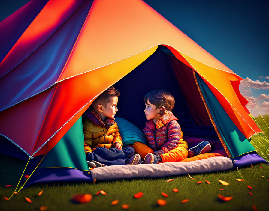 Children chatting in colorful tent on grassy field under clear blue sky