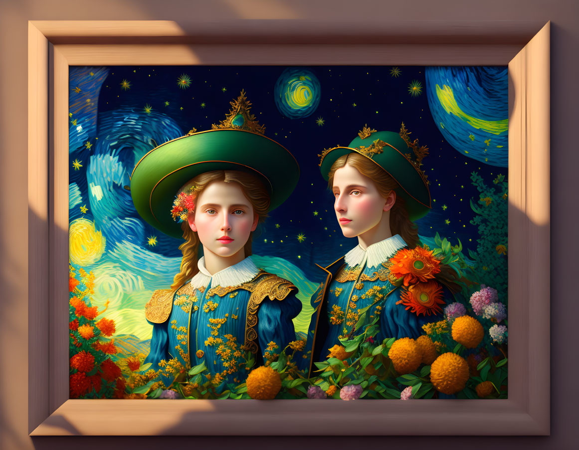 Surreal framed painting of two people in celestial attire against Van Gogh-inspired starry night background