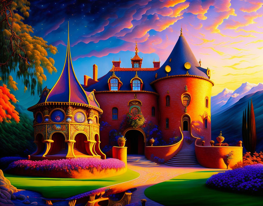 Colorful Whimsical Castle Illustration Amid Lush Greenery and Sunset Sky