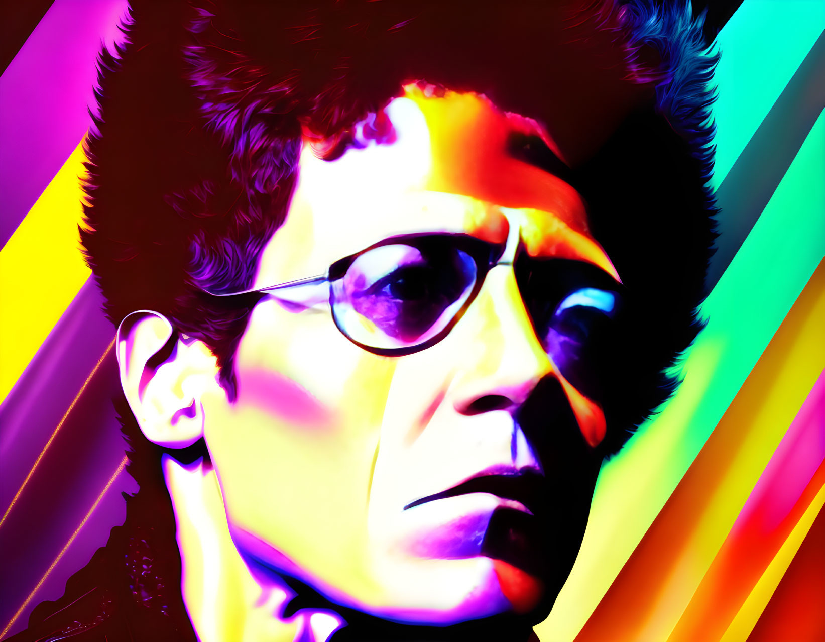 Colorful digital art: man with glasses, rainbow gradient, high contrast.