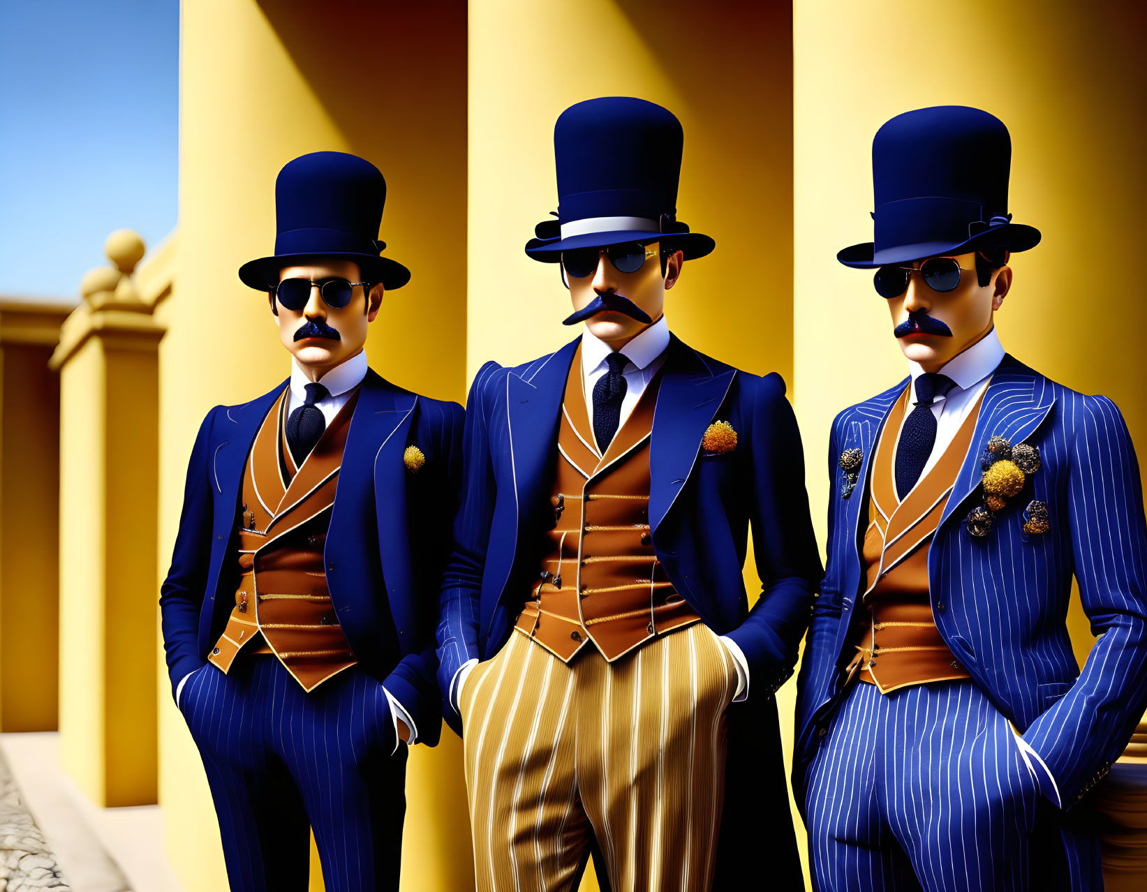 Three Men in Stylized Suits and Top Hats Against Yellow Wall