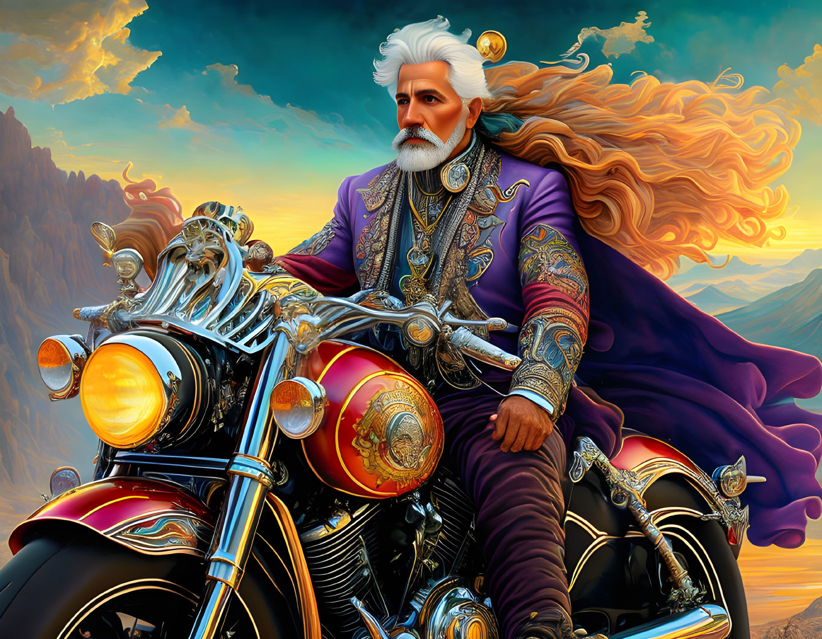 Regal figure with white hair rides motorcycle in mountain scene