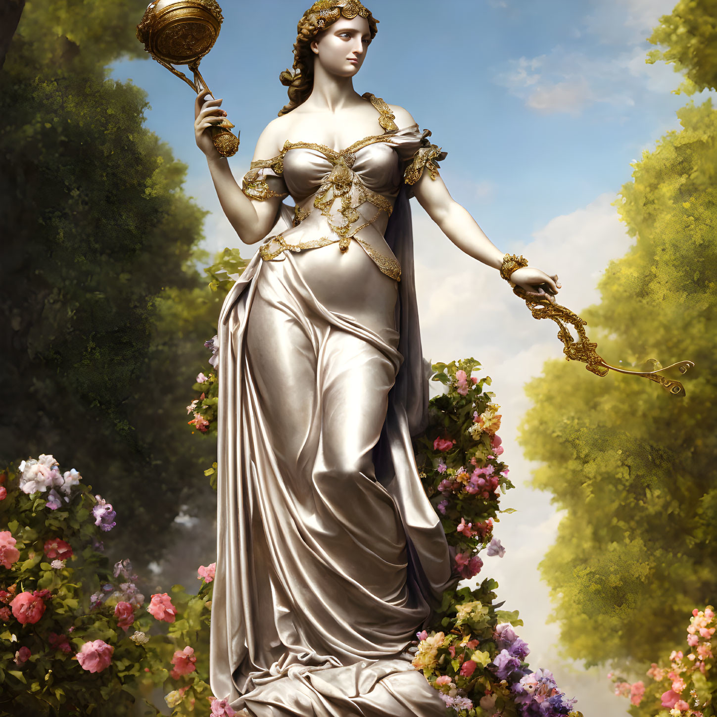 Classical woman statue with scepter and orb in nature setting