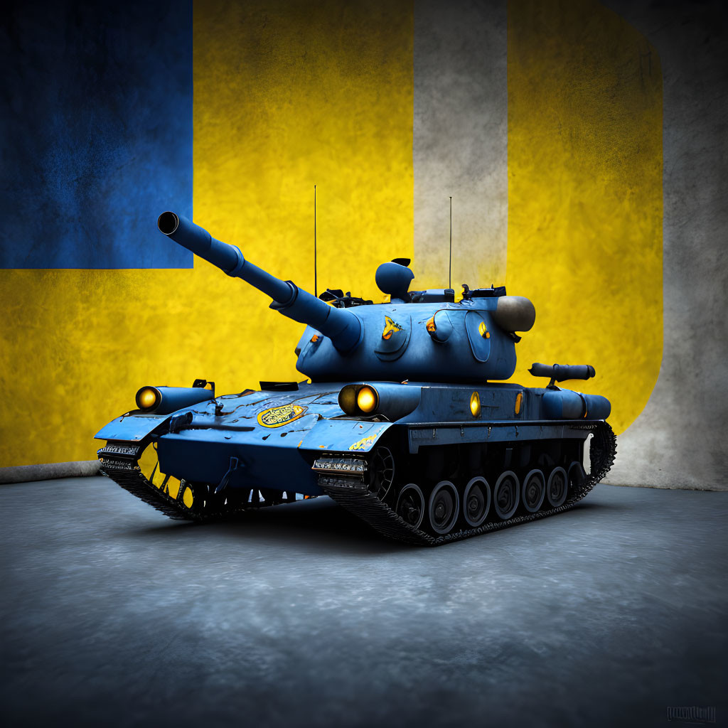 Blue and Yellow Tank with Cannons and Spotlights on Concrete Floor