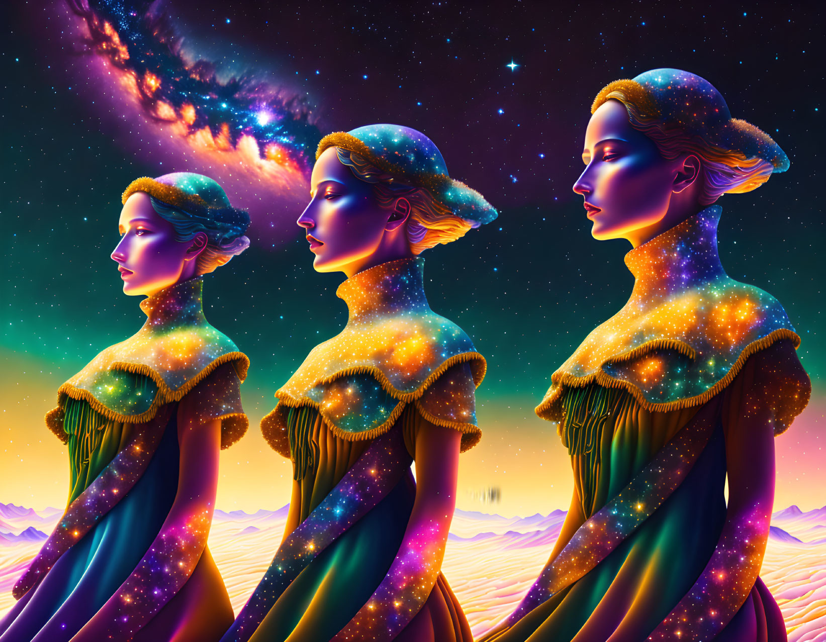 Cosmic-themed women's silhouettes against starry night sky