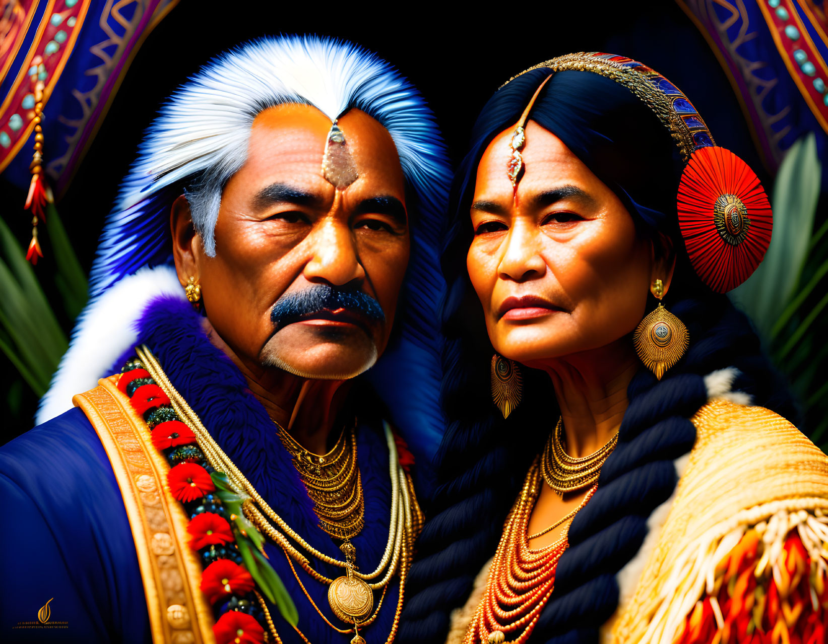 Indigenous couple in vibrant traditional regalia