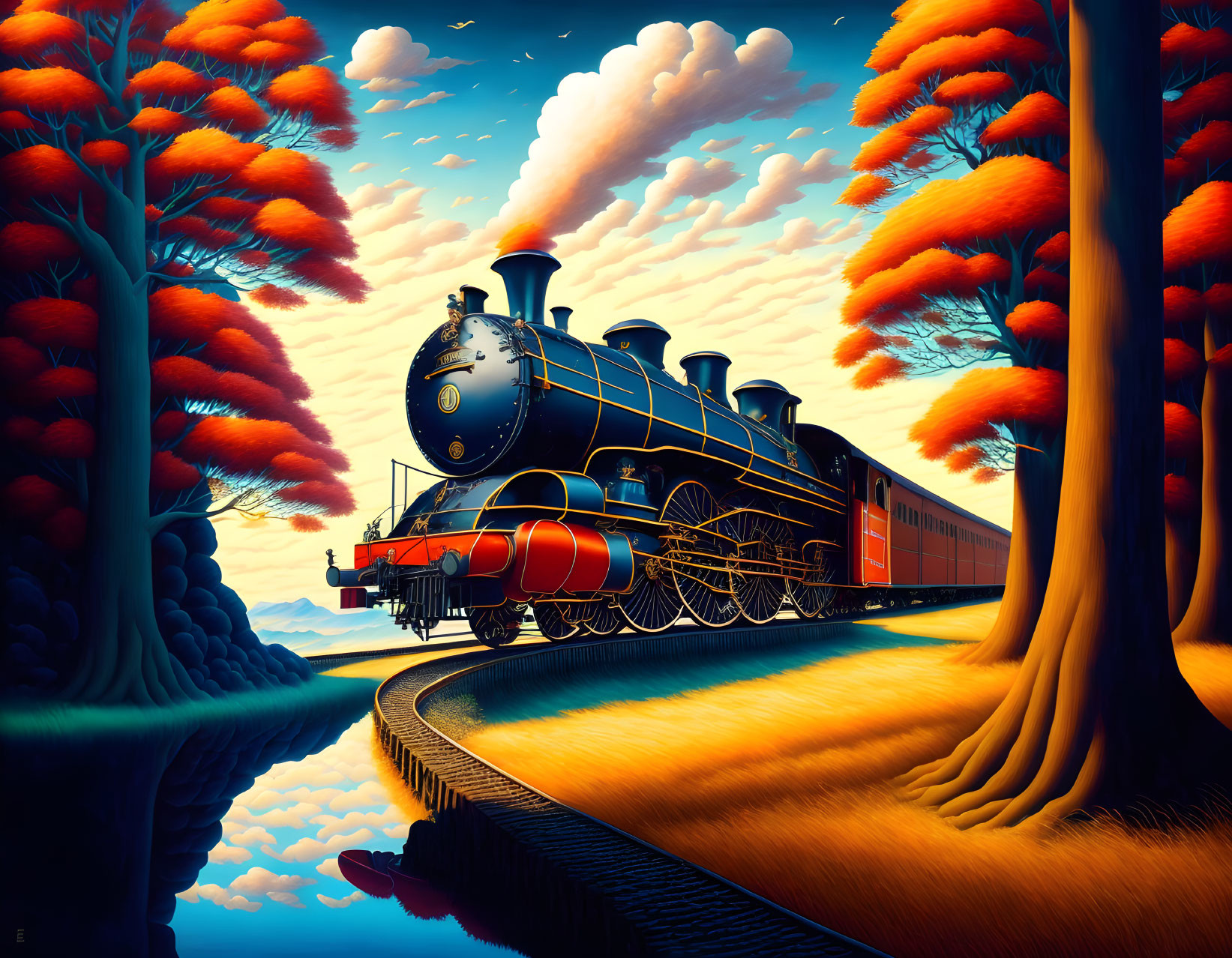 Colorful vintage train on curved track with orange trees and blue sky