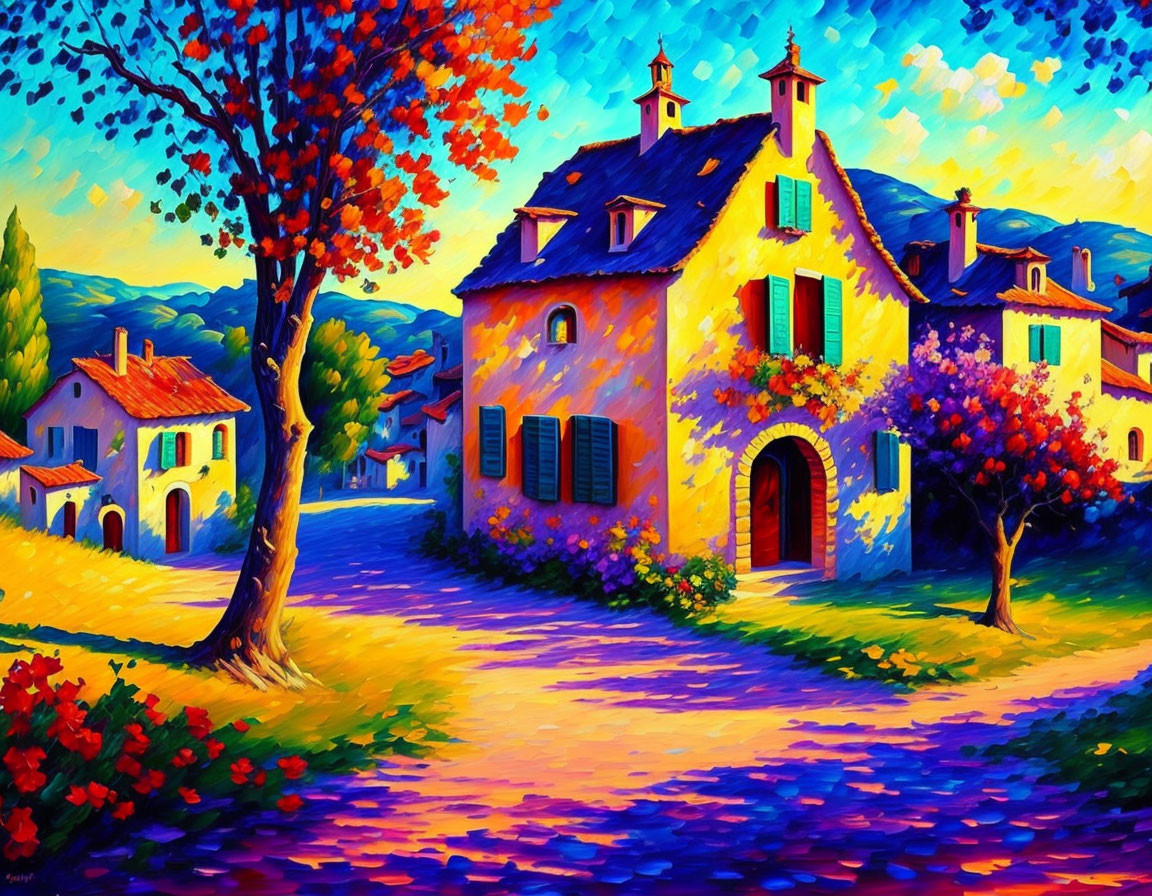 Colorful painting of quaint village with lush trees and winding path