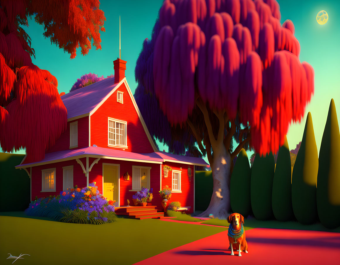 Colorful sunset scene with red house, trees, garden, and dog