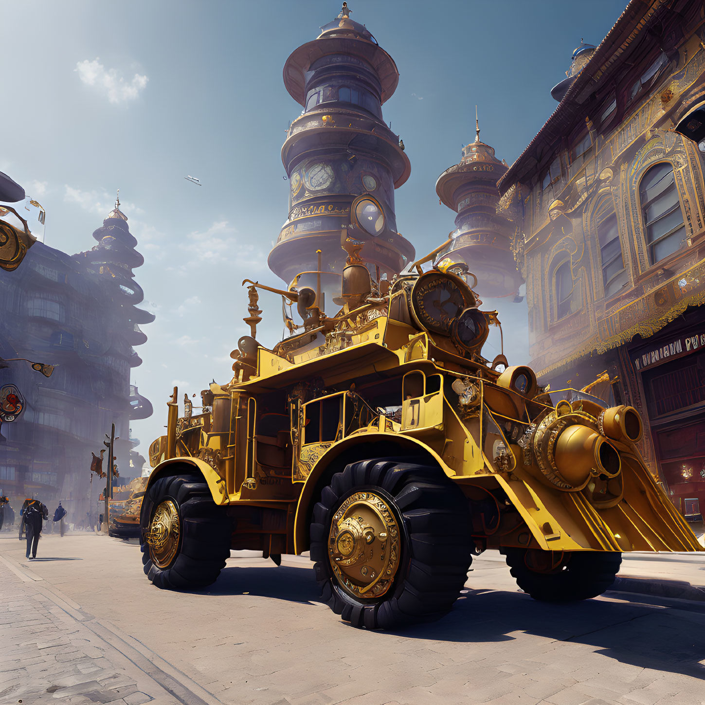 Ornate gold steampunk vehicle in urban setting