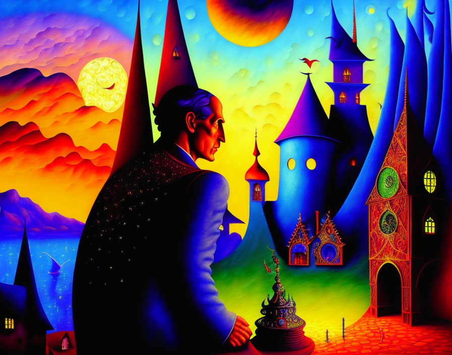 Vibrant surreal painting with starry man, whimsical castles, night sky, and bird