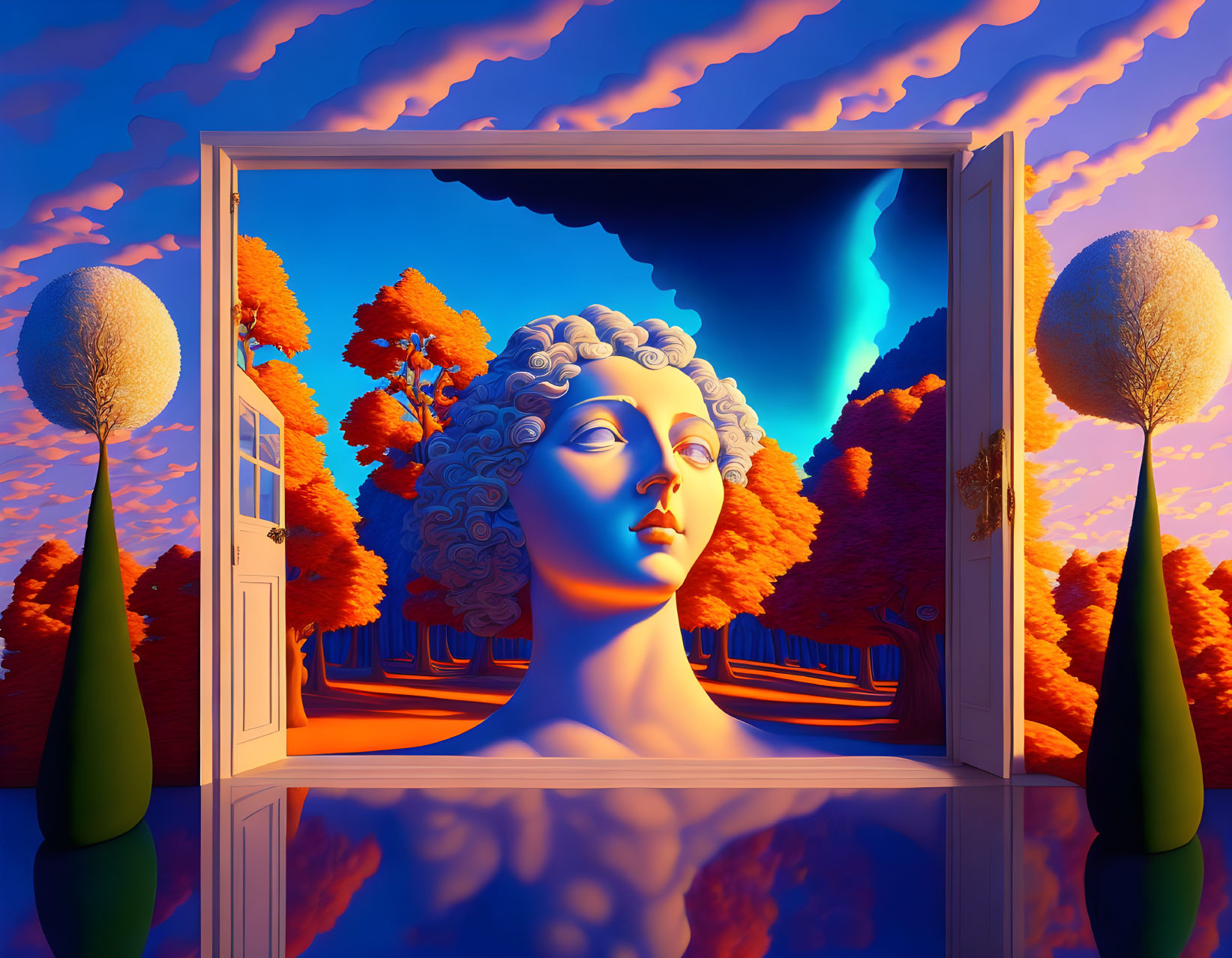 Surreal image: Giant statue head in window overlooking autumn landscape