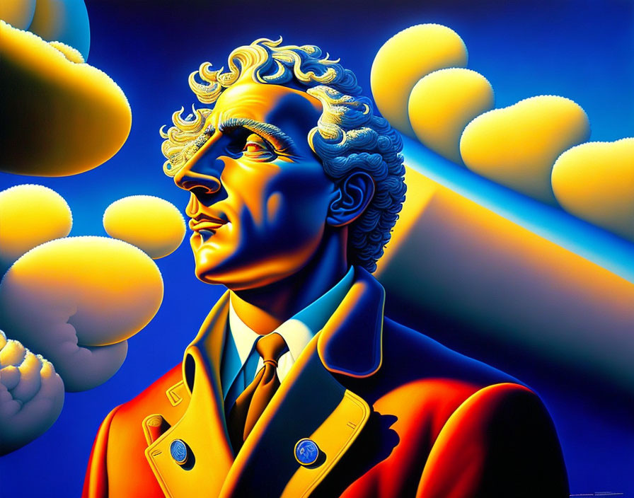 Curly-haired man in blue suit on abstract background with clouds and blue & orange beams