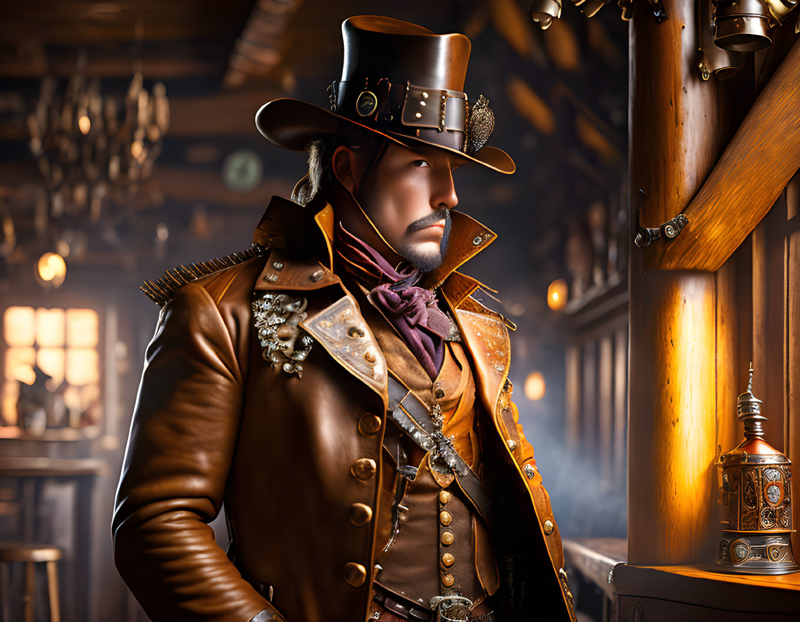 Steampunk character with top hat, goggles, and leather coat in dimly lit room