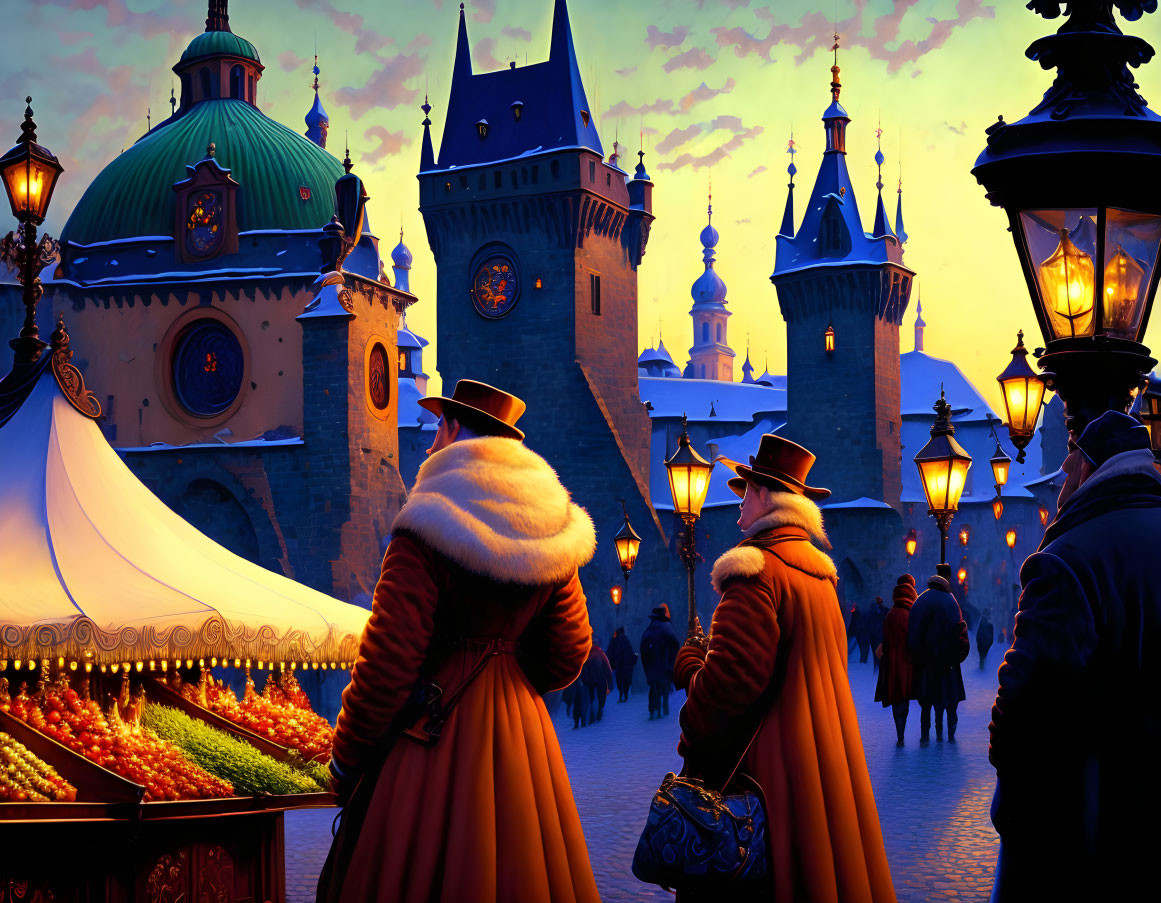 Historical clothing at festive market near ornate buildings and street lamps at twilight