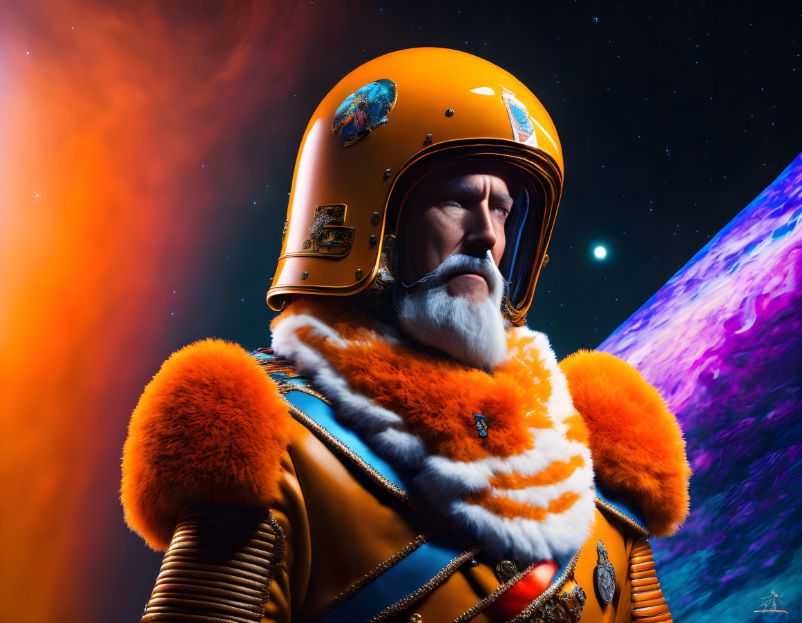 Futuristic orange spacesuit figure against starry sky