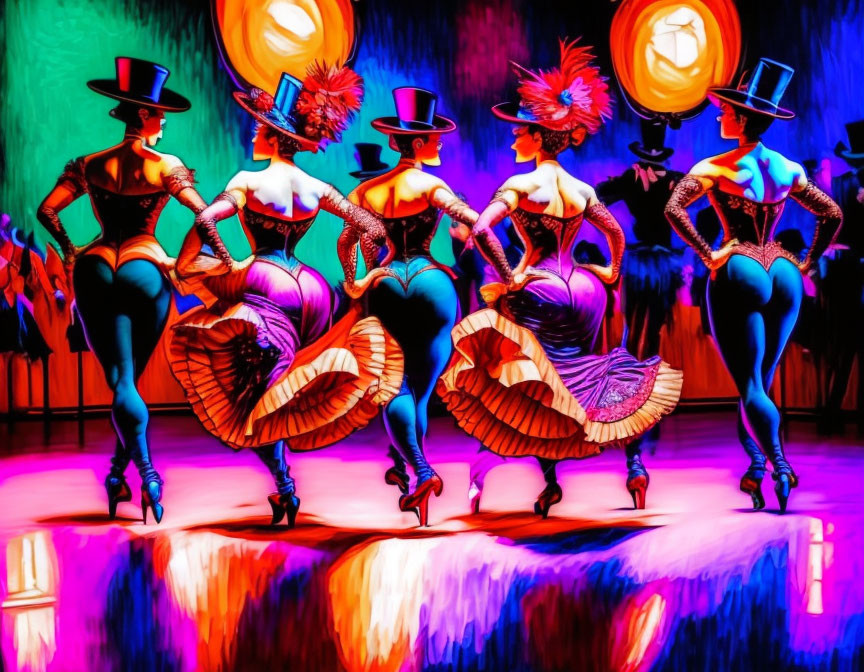 Colorful Cabaret Dancers in Vibrant Costumes on Stage