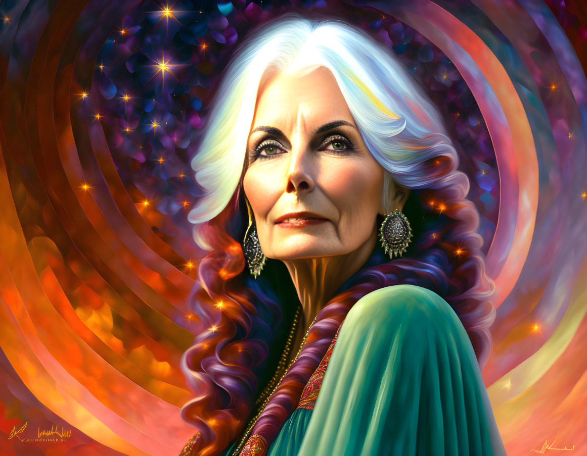 Elder woman with white hair and blue eyes in turquoise jewelry on starry swirl background