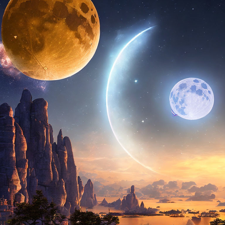 Majestic dusk landscape with towering rock formations and celestial elements.