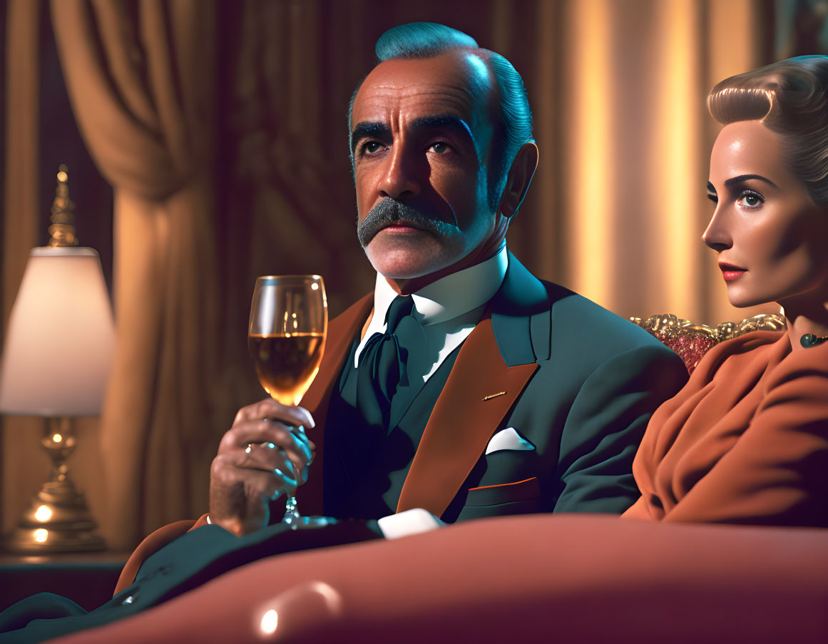 Elegant man with mustache and woman in orange in luxurious scene