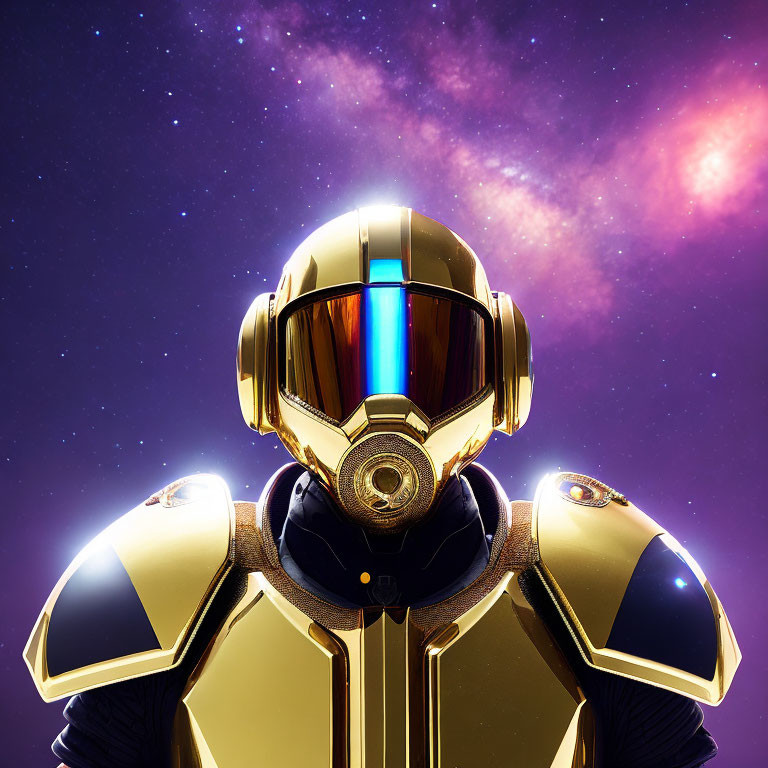 Futuristic Gold Helmet with Reflective Visor on Cosmic Background