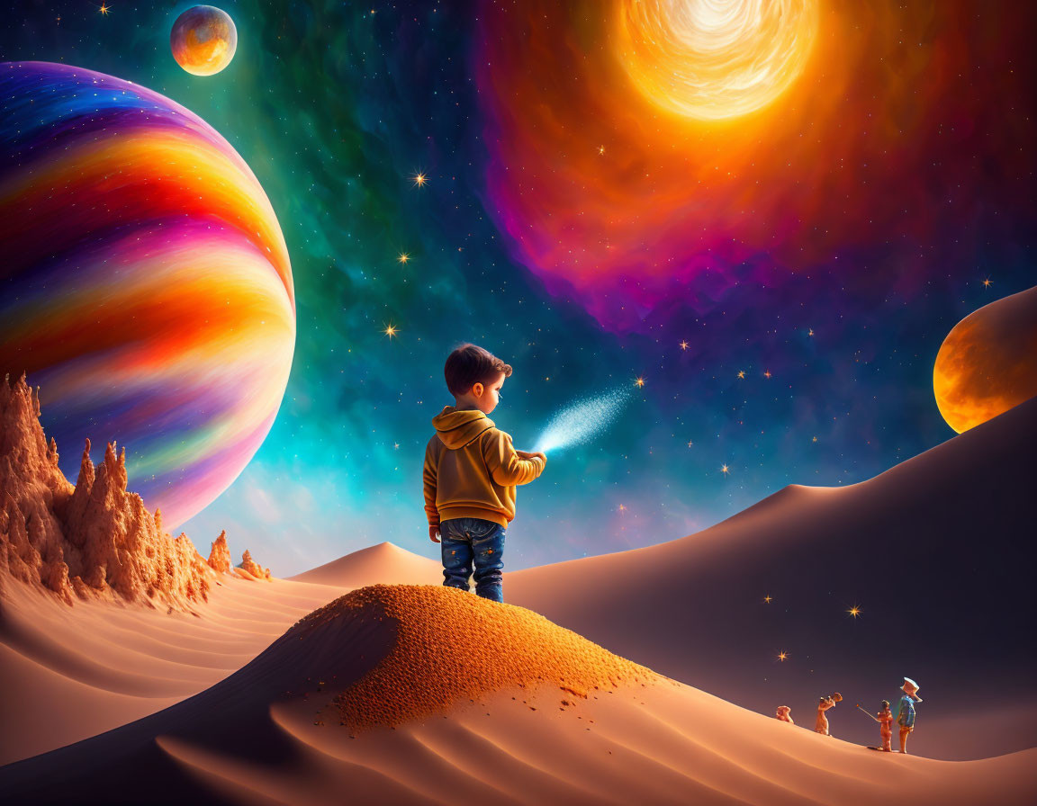 Child with flashlight on desert dune gazes at surreal cosmic scene