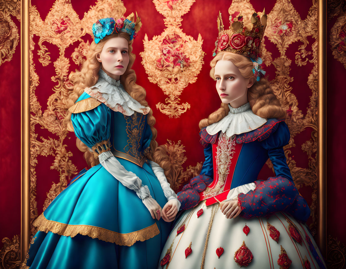 Two women in historical royal attire with intricate hairstyles on red backdrop