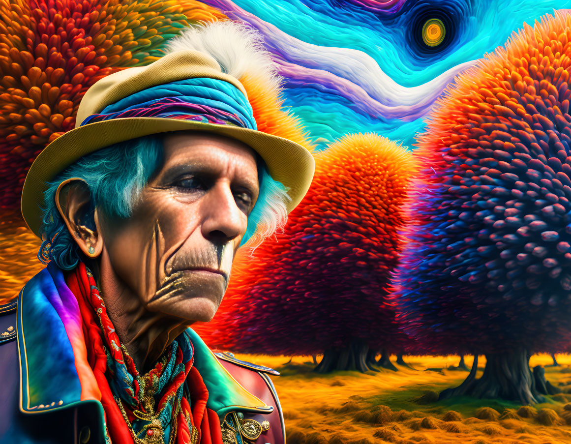 Colorful Attire Elderly Man in White Hat Against Psychedelic Background