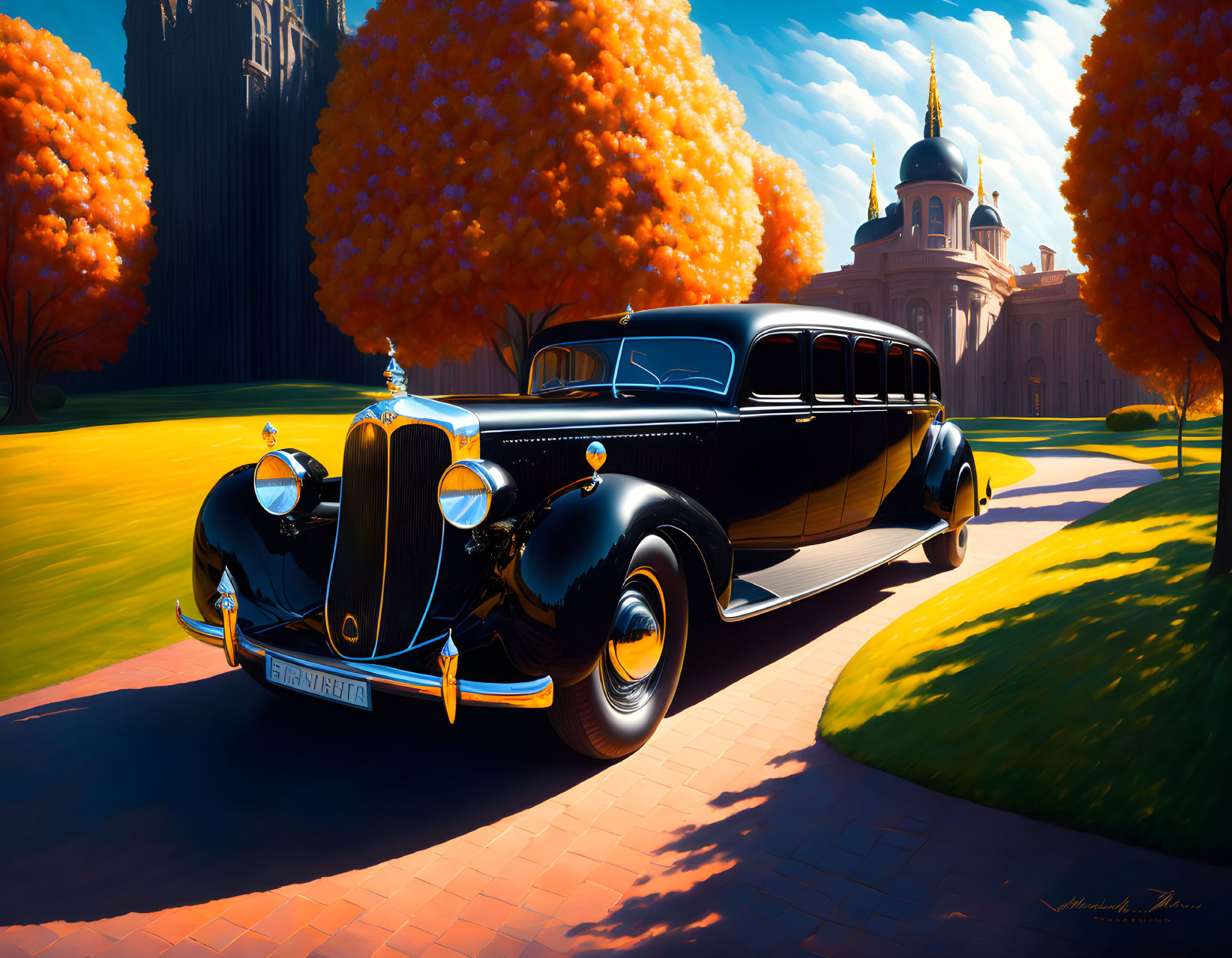 Vintage Black Car with Gold Trim Parked on Sunny Road