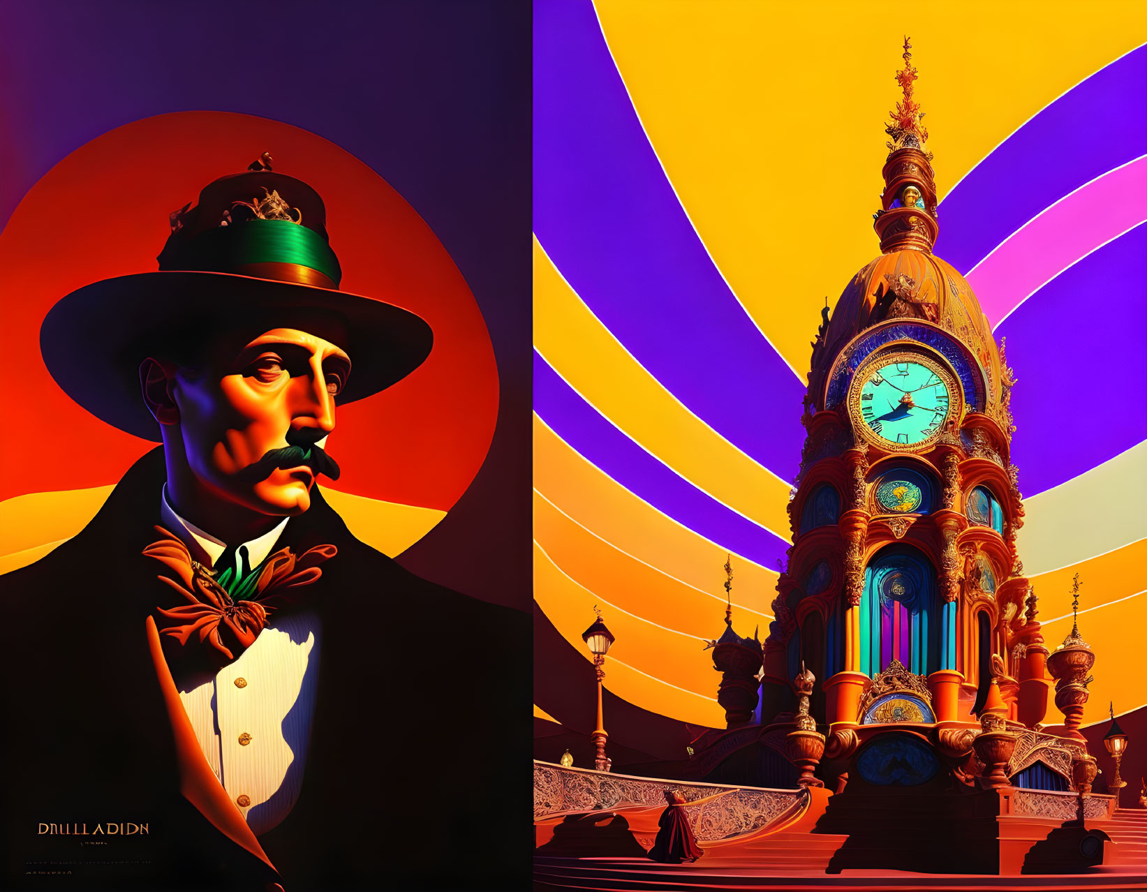 Stylized man in top hat and ornate clock tower on illustrative diptych poster